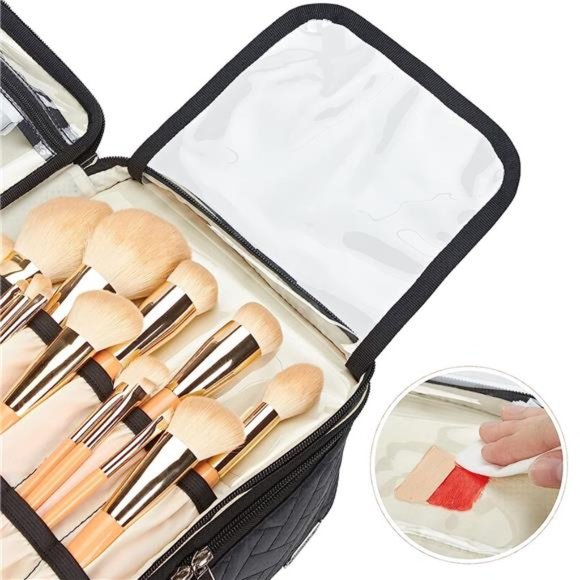 Double Layer Makeup Bag with Strap,Large CosmeticCase for Women,MakeUp Organizer - Picture 3 of 6